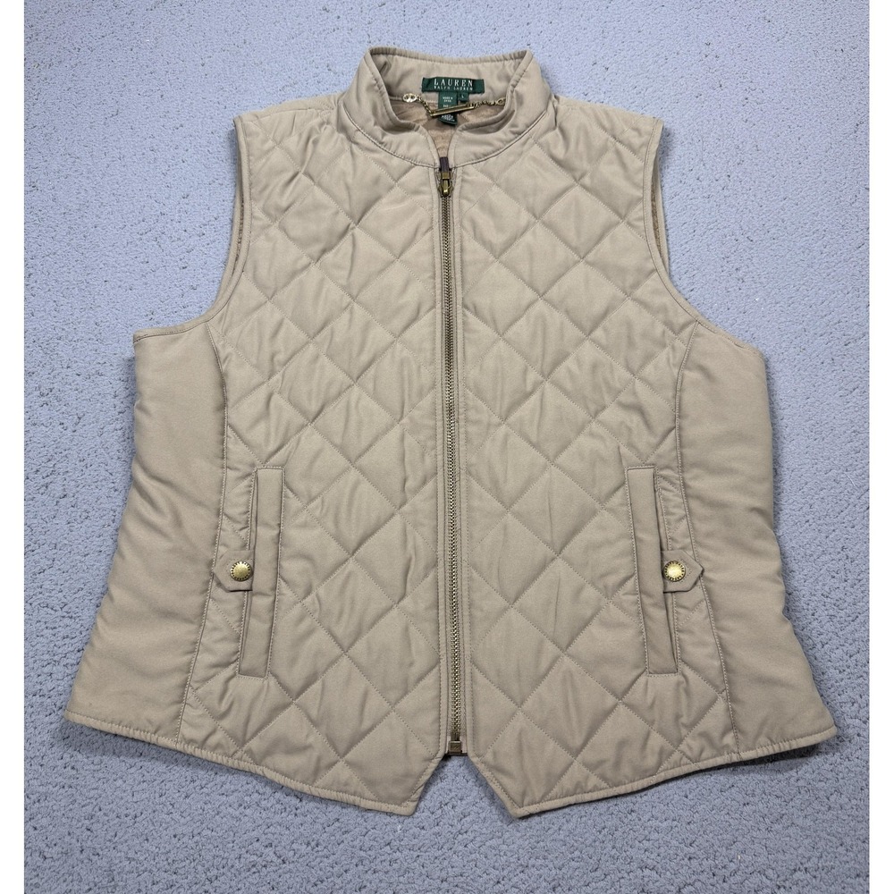 Lauren Ralph Lauren Vest Womens Large Beige Quilted Full Zip Lined Insulated